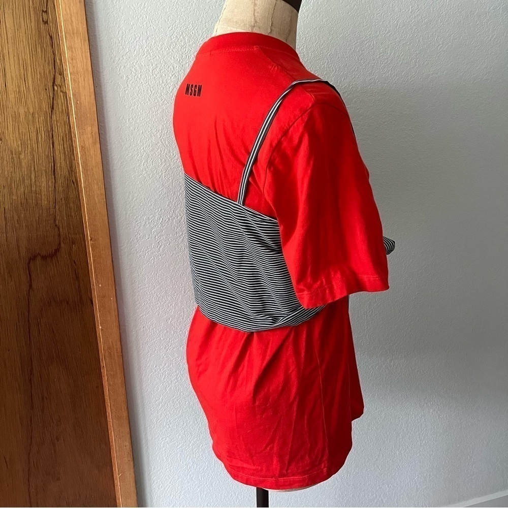 MSGM sz S Red Short Sleeve Tshirt w/ Detachable Bow Tie Tank Top Striped - Picture 2 of 8